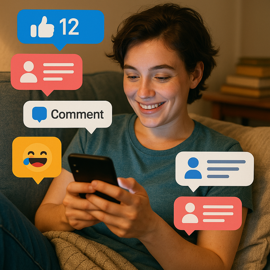 The image features a young adult seated comfortably on a couch their attention focused intently on their smartphone Their face is illuminated by the soft glow of the screen revealing a mix of amusement and concentration Surrounding them are vibrant